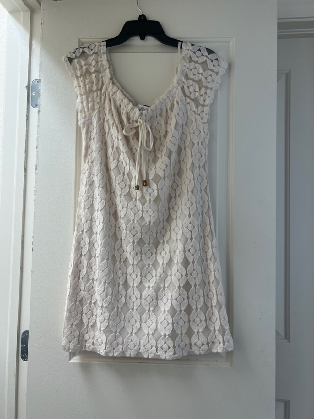Paper Doll Cream Lace Mini Dress | Sheer Overlay Tie Neck Feminine Boho Size